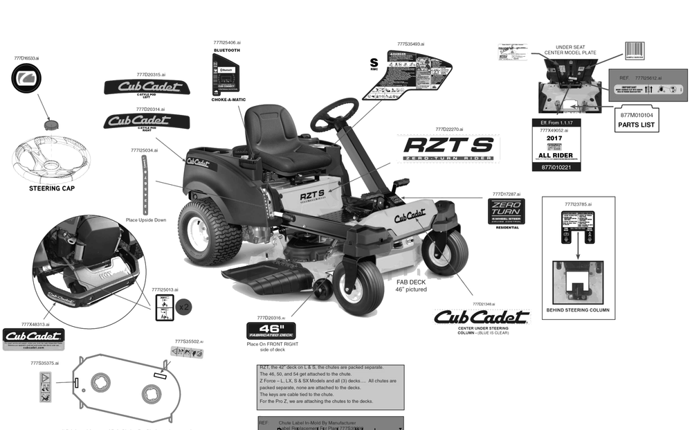 Label Map Diagram and Parts List for RZT-S46KH (17ARCBDN056)(2017) Cub Cadet Lawn Tractor